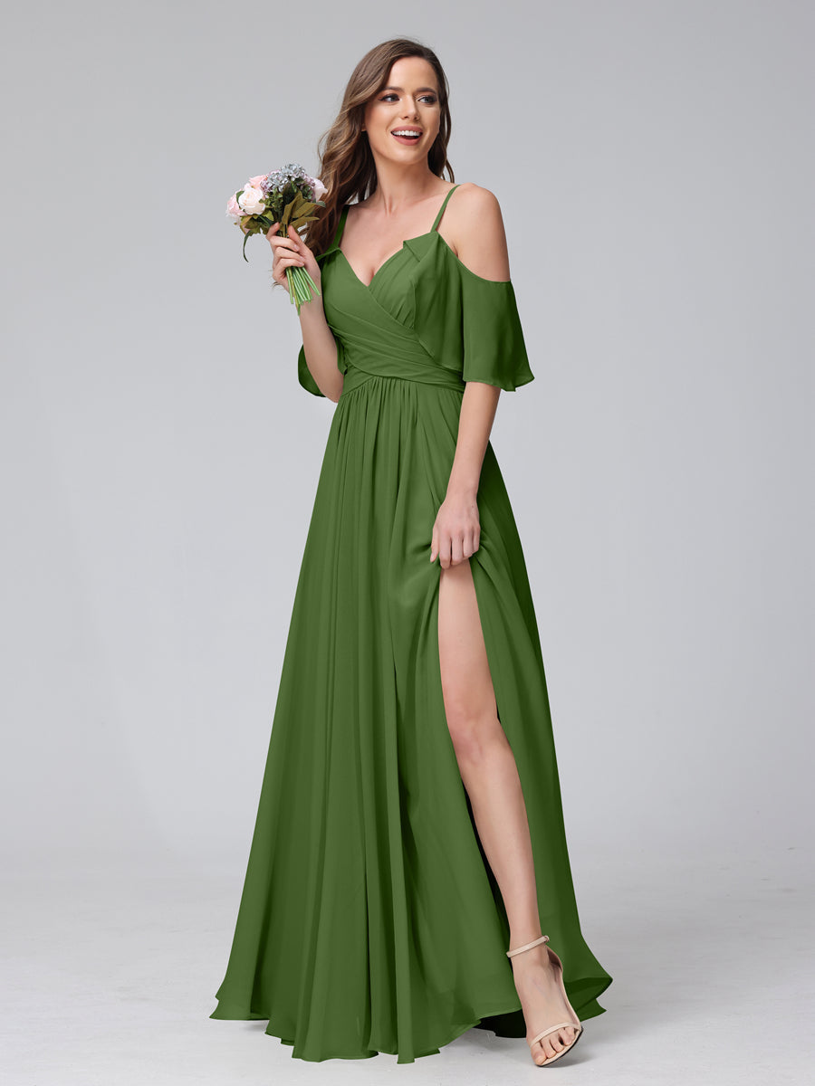 A-Line V-Neck Chiffon Long Bridesmaid Dresses With Split Side & Spaghetti Straps Olive Green