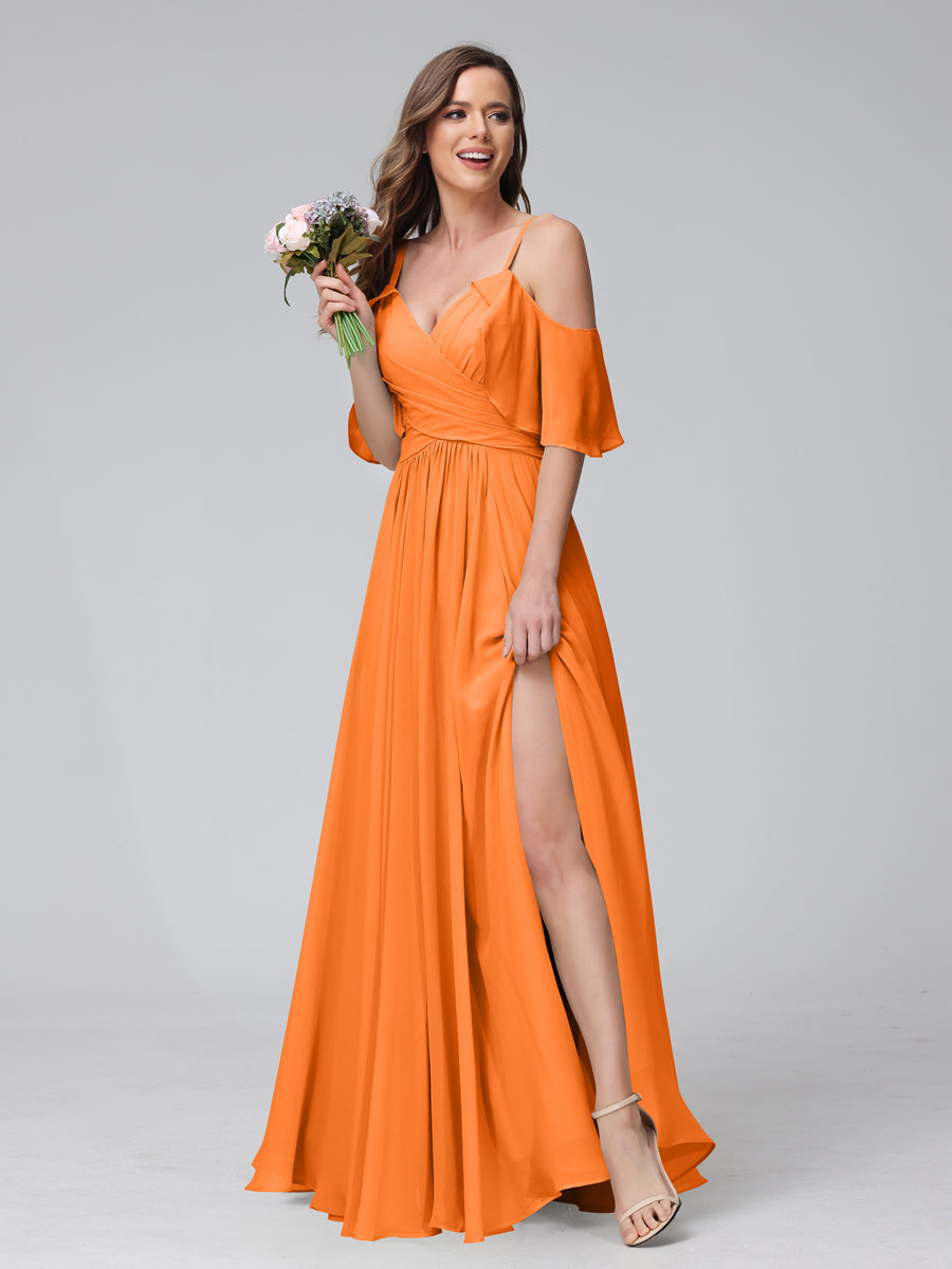 A-Line V-Neck Chiffon Long Bridesmaid Dresses With Split Side & Spaghetti Straps Orange
