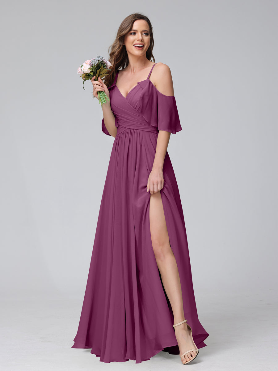 A-Line V-Neck Chiffon Long Bridesmaid Dresses With Split Side & Spaghetti Straps Orchid