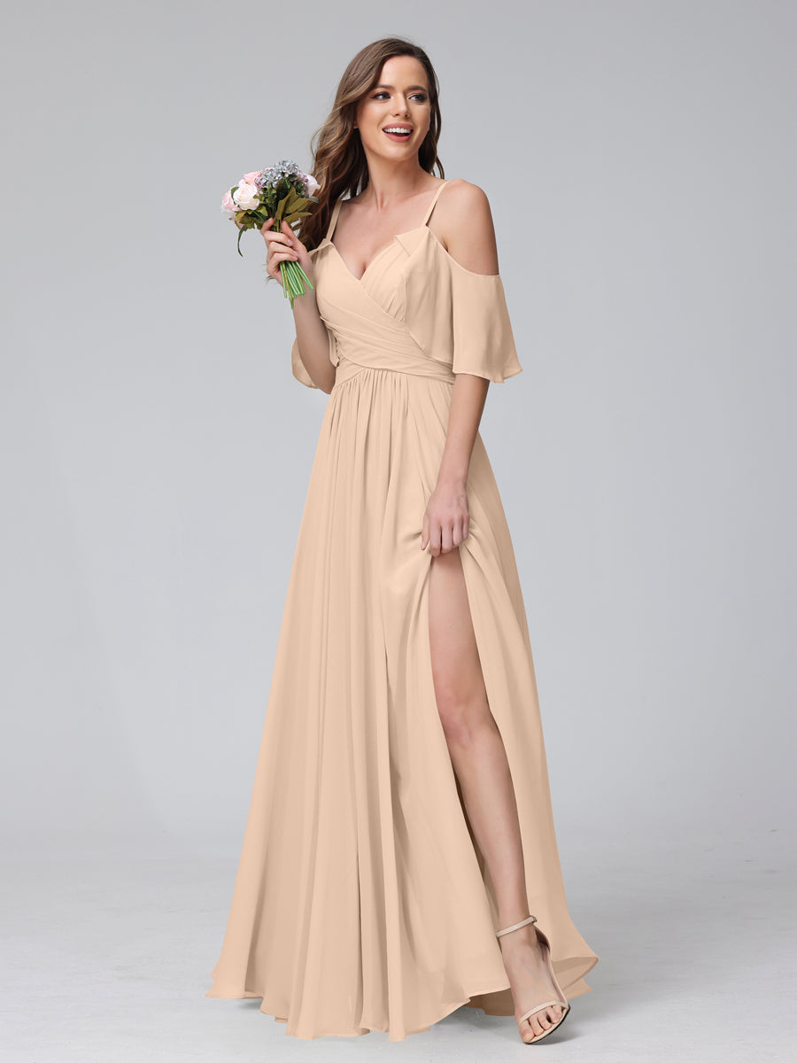 A-Line V-Neck Chiffon Long Bridesmaid Dresses With Split Side & Spaghetti Straps Peach Pink