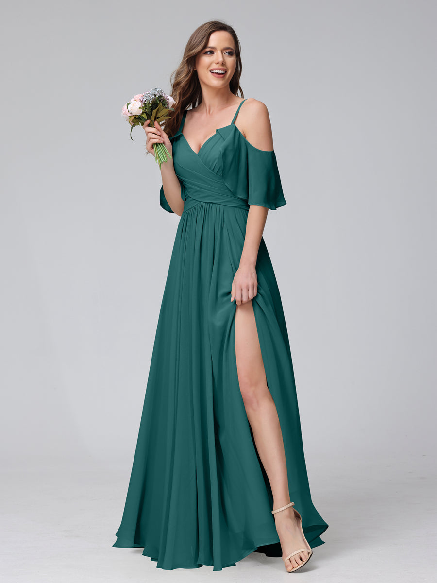 A-Line V-Neck Chiffon Long Bridesmaid Dresses With Split Side & Spaghetti Straps Peacock