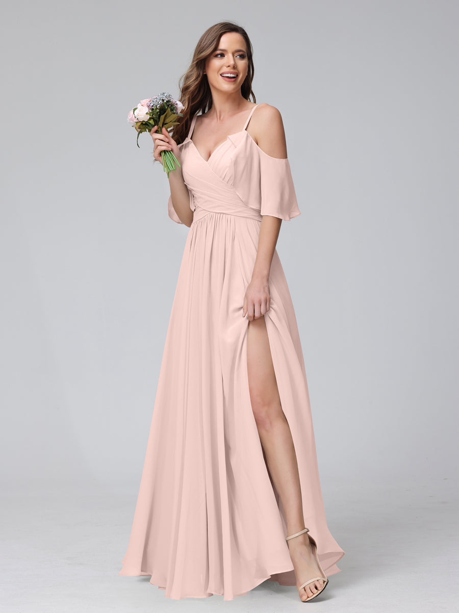 A-Line V-Neck Chiffon Long Bridesmaid Dresses With Split Side & Spaghetti Straps Pearl Pink