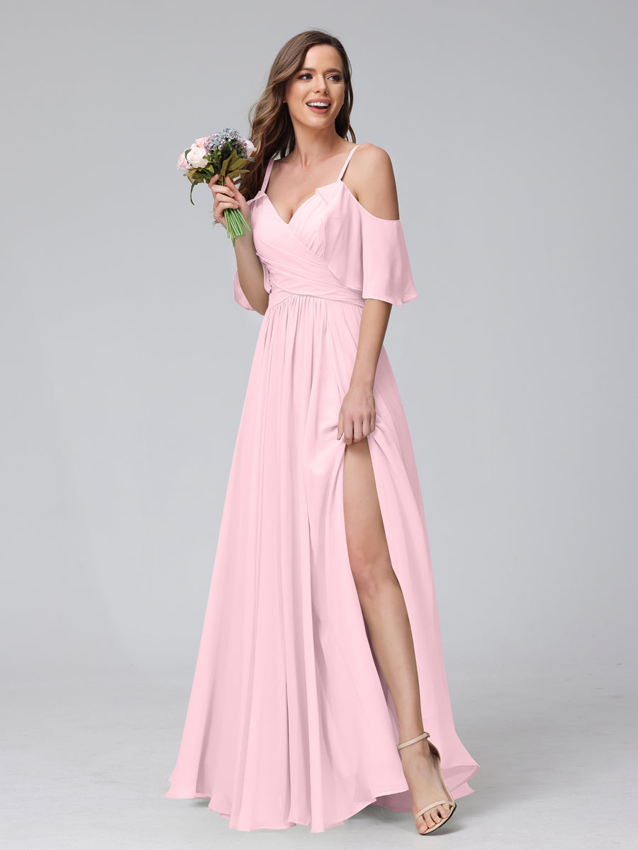 A-Line V-Neck Chiffon Long Bridesmaid Dresses With Split Side & Spaghetti Straps Pink