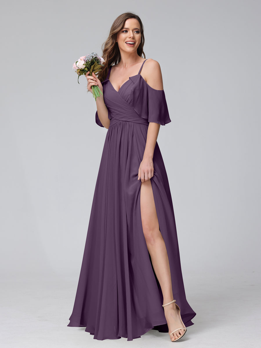 A-Line V-Neck Chiffon Long Bridesmaid Dresses With Split Side & Spaghetti Straps Plum