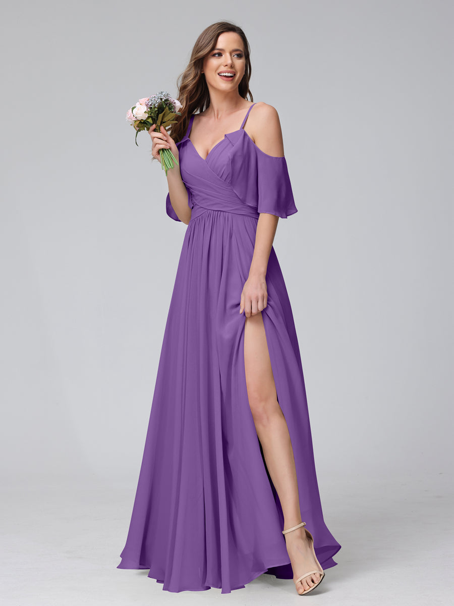 A-Line V-Neck Chiffon Long Bridesmaid Dresses With Split Side & Spaghetti Straps Purple