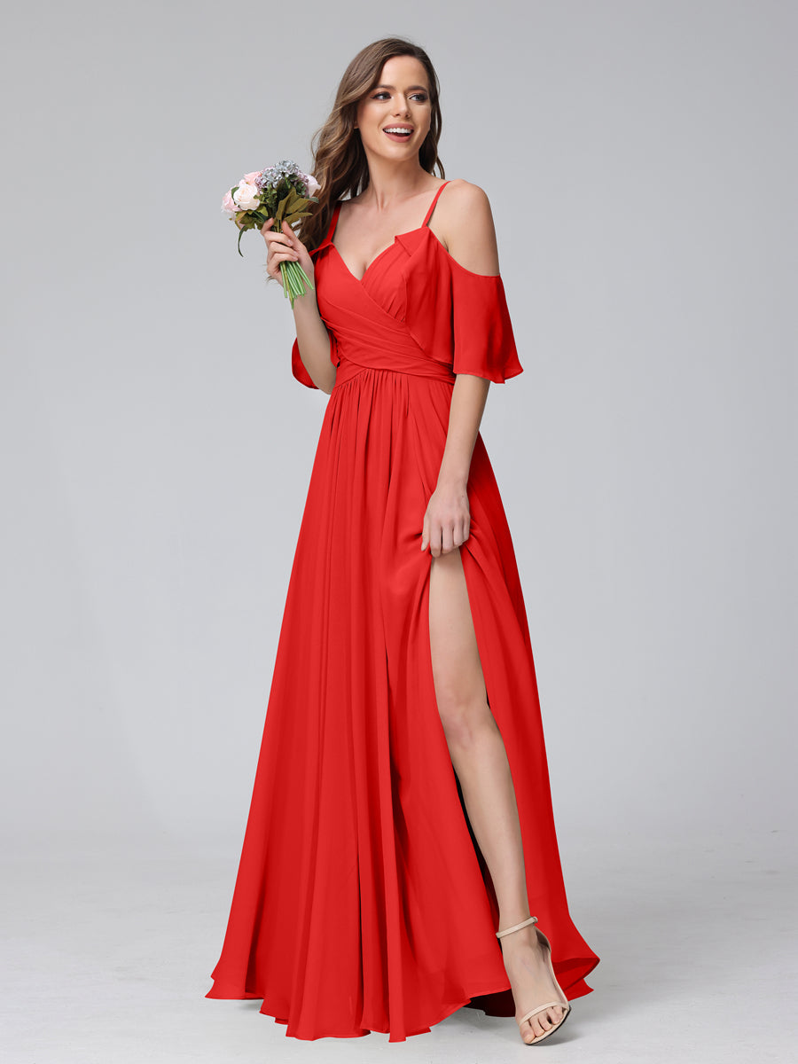 A-Line V-Neck Chiffon Long Bridesmaid Dresses With Split Side & Spaghetti Straps Red