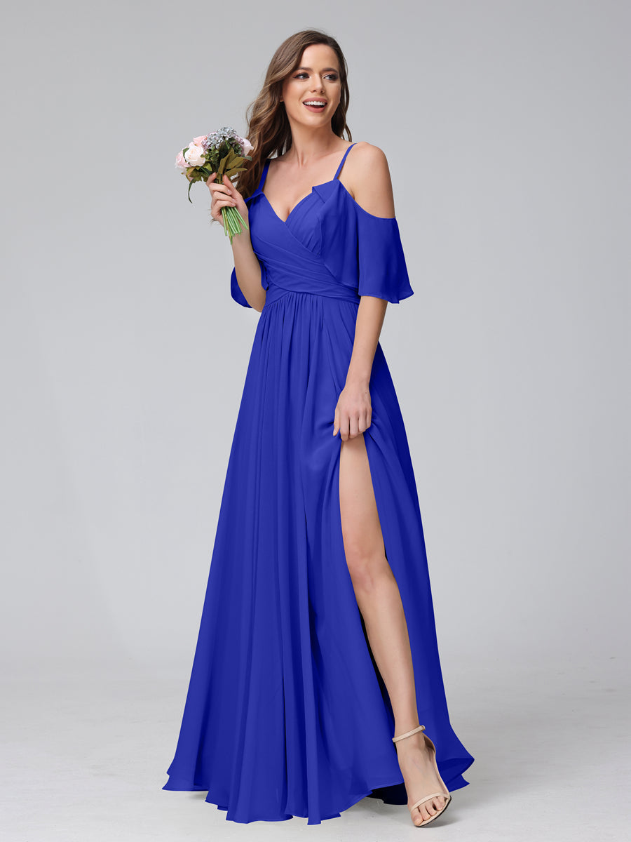 A-Line V-Neck Chiffon Long Bridesmaid Dresses With Split Side & Spaghetti Straps Royal Blue