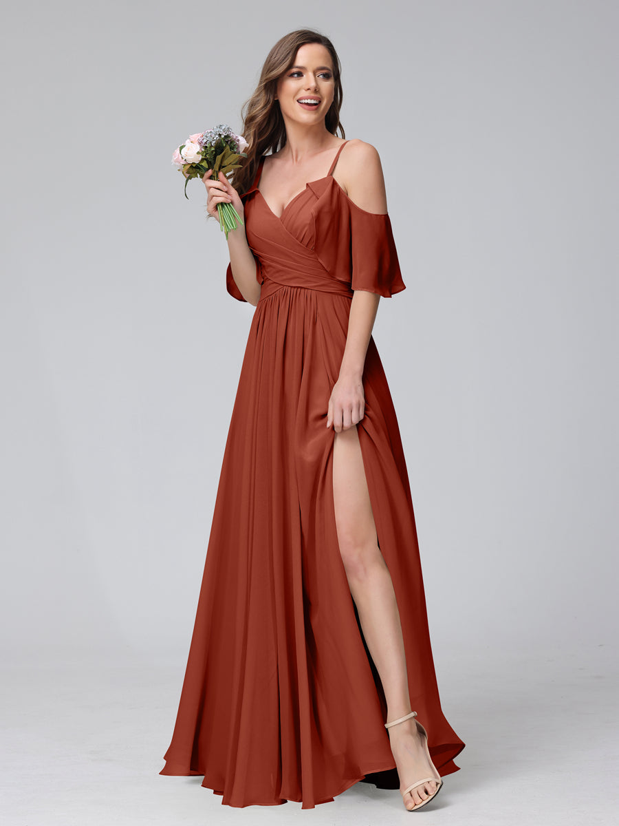 A-Line V-Neck Chiffon Long Bridesmaid Dresses With Split Side & Spaghetti Straps Rust