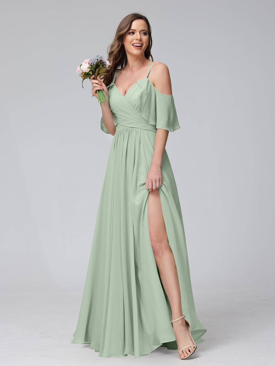 A-Line V-Neck Chiffon Long Bridesmaid Dresses With Split Side & Spaghetti Straps Sage