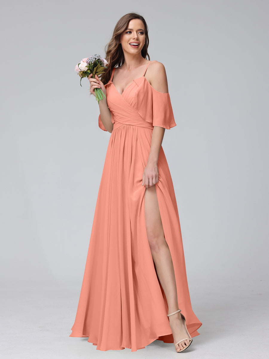 A-Line V-Neck Chiffon Long Bridesmaid Dresses With Split Side & Spaghetti Straps Salmon