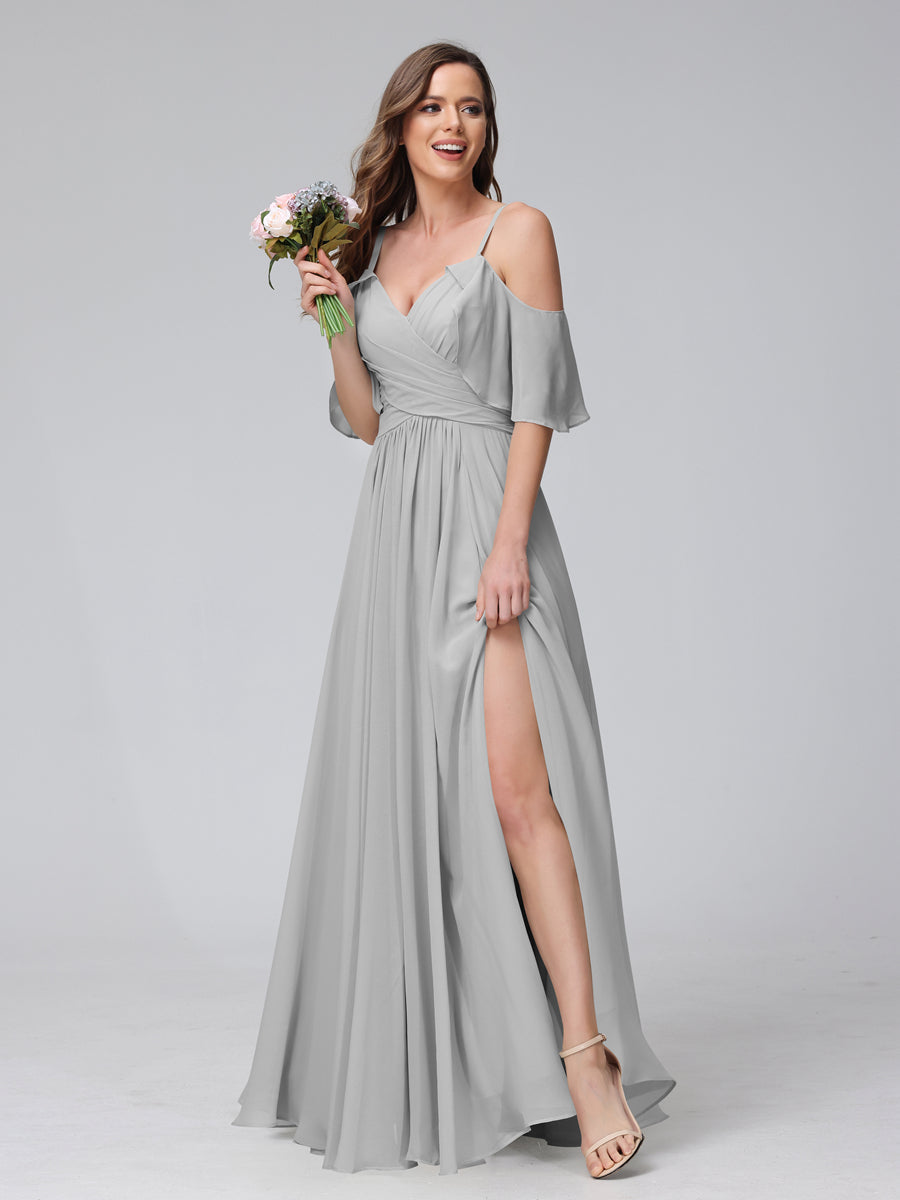A-Line V-Neck Chiffon Long Bridesmaid Dresses With Split Side & Spaghetti Straps Silver