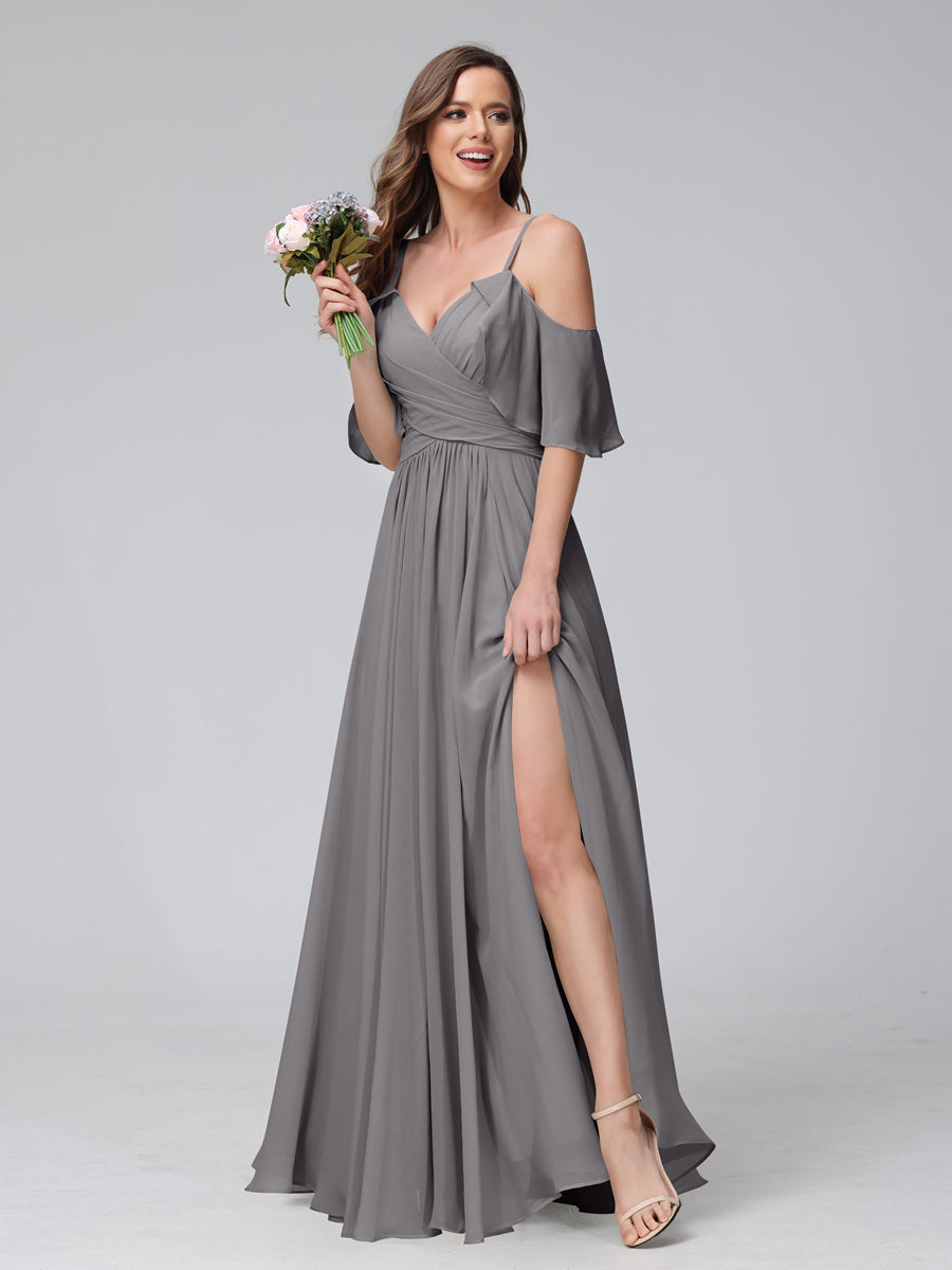 A-Line V-Neck Chiffon Long Bridesmaid Dresses With Split Side & Spaghetti Straps Silver Gray