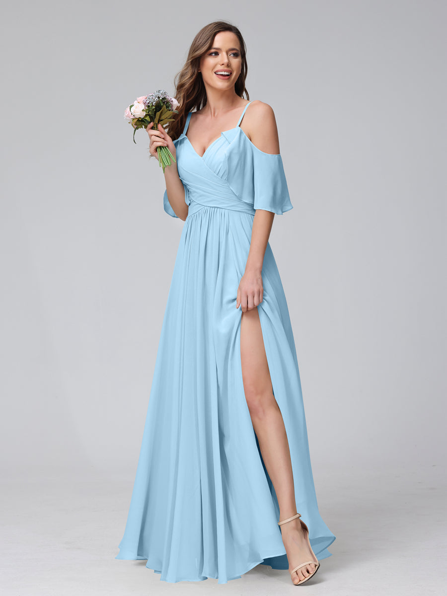 A-Line V-Neck Chiffon Long Bridesmaid Dresses With Split Side & Spaghetti Straps Sky Blue