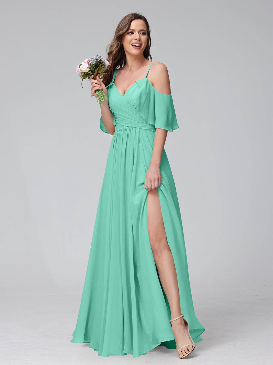 A-Line V-Neck Chiffon Long Bridesmaid Dresses With Split Side & Spaghetti Straps Spa