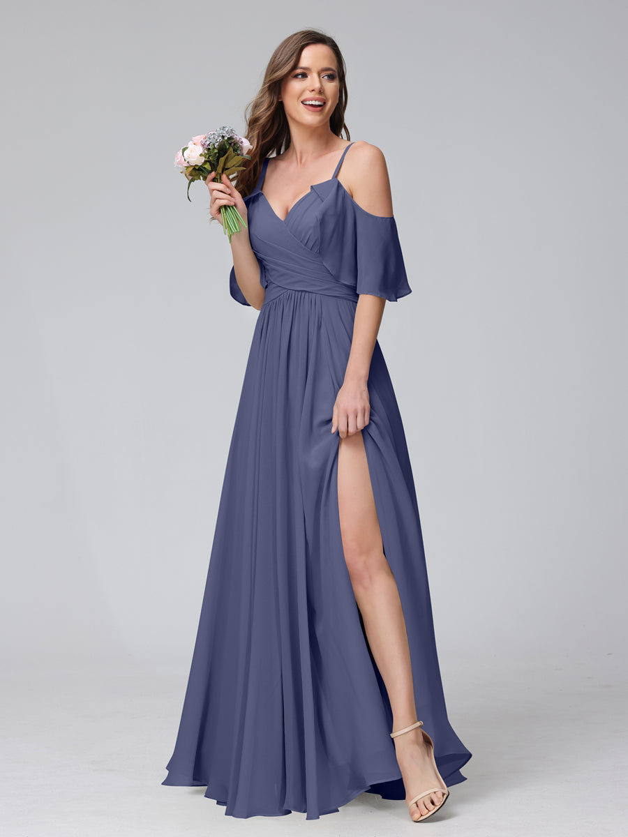 A-Line V-Neck Chiffon Long Bridesmaid Dresses With Split Side & Spaghetti Straps Stormy Blue