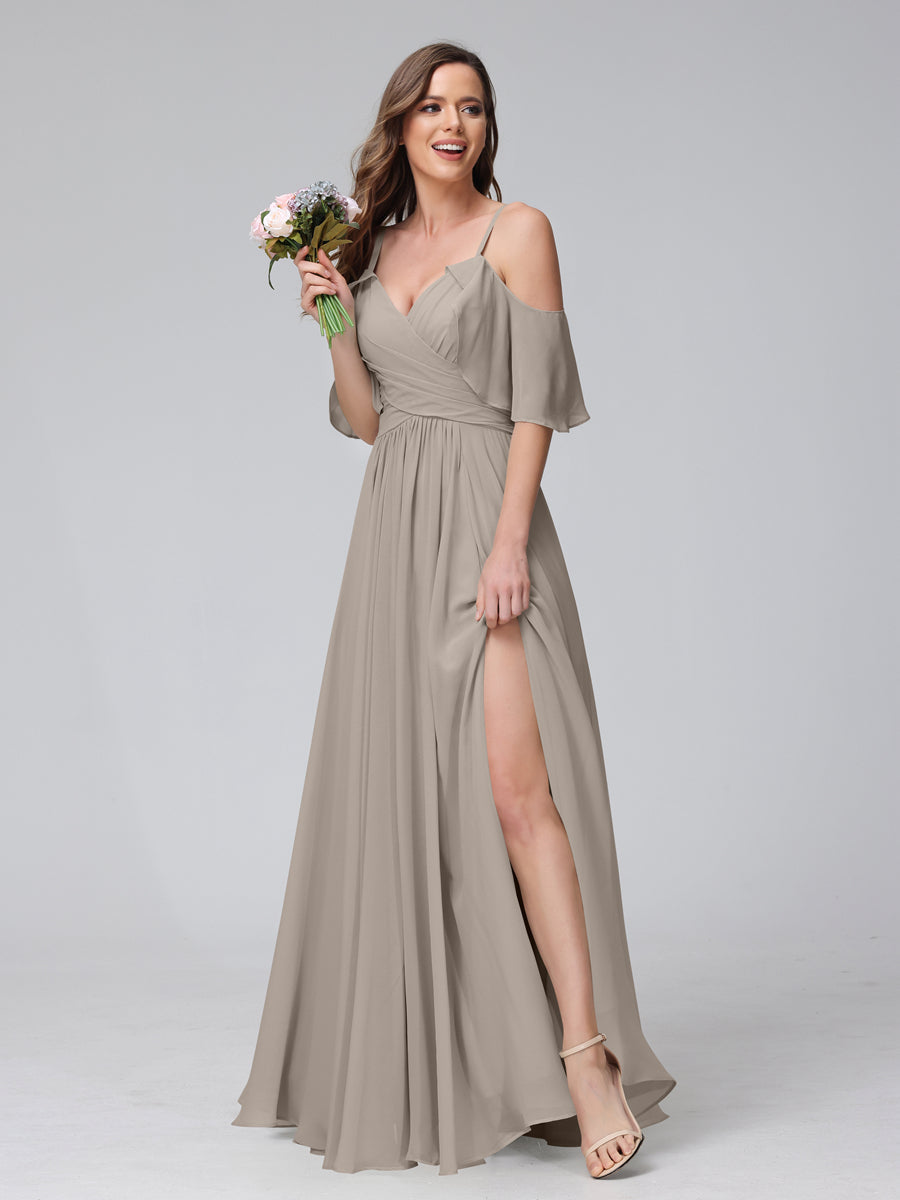A-Line V-Neck Chiffon Long Bridesmaid Dresses With Split Side & Spaghetti Straps Taupe