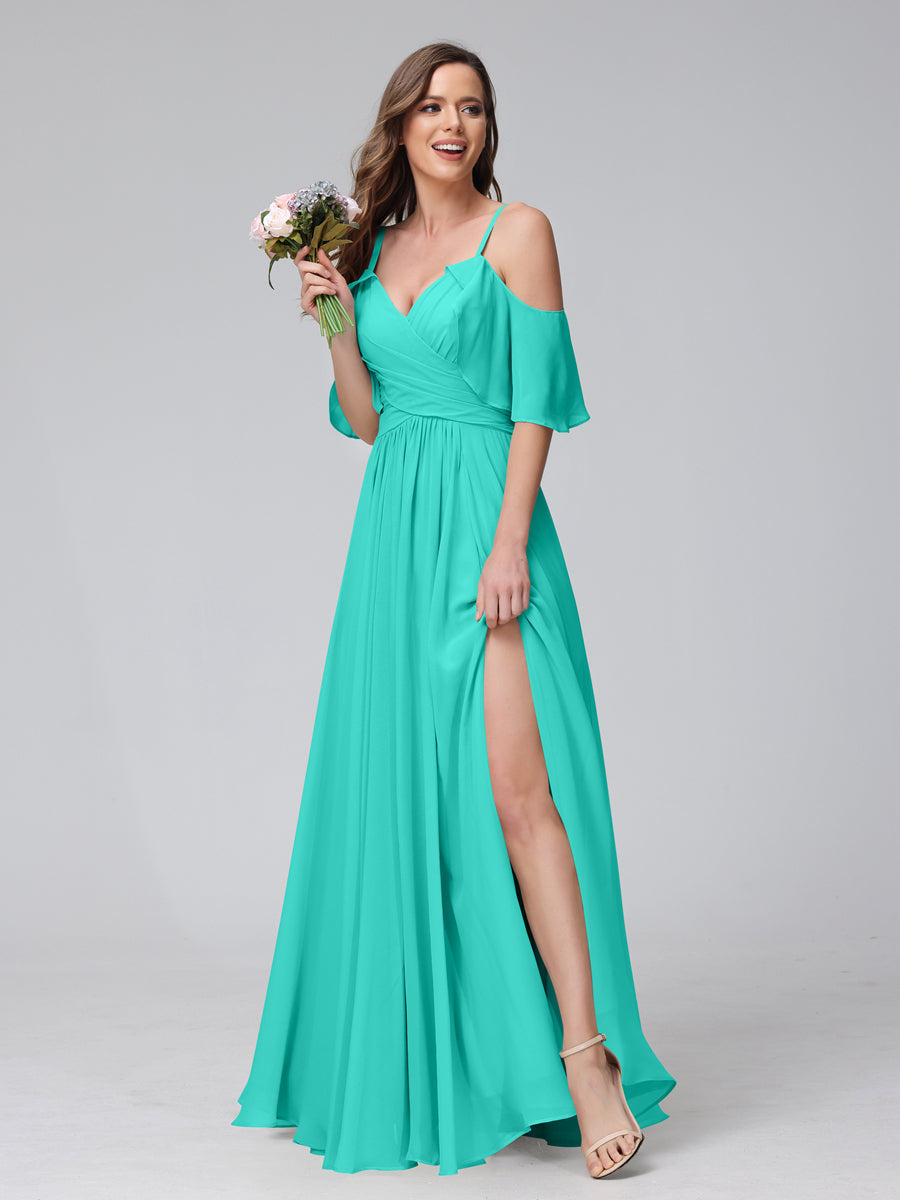 A-Line V-Neck Chiffon Long Bridesmaid Dresses With Split Side & Spaghetti Straps Turquoise