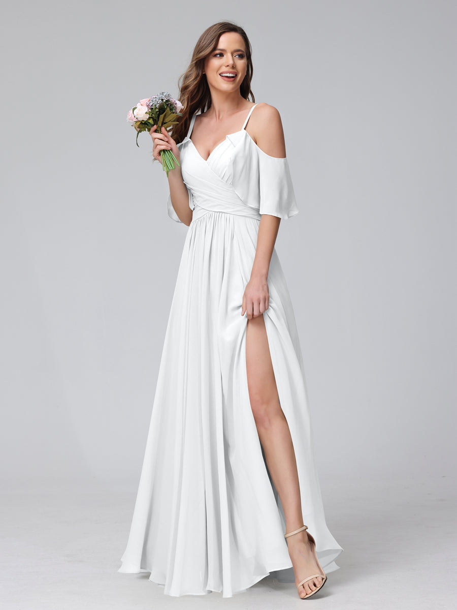 A-Line V-Neck Chiffon Long Bridesmaid Dresses With Split Side & Spaghetti Straps White