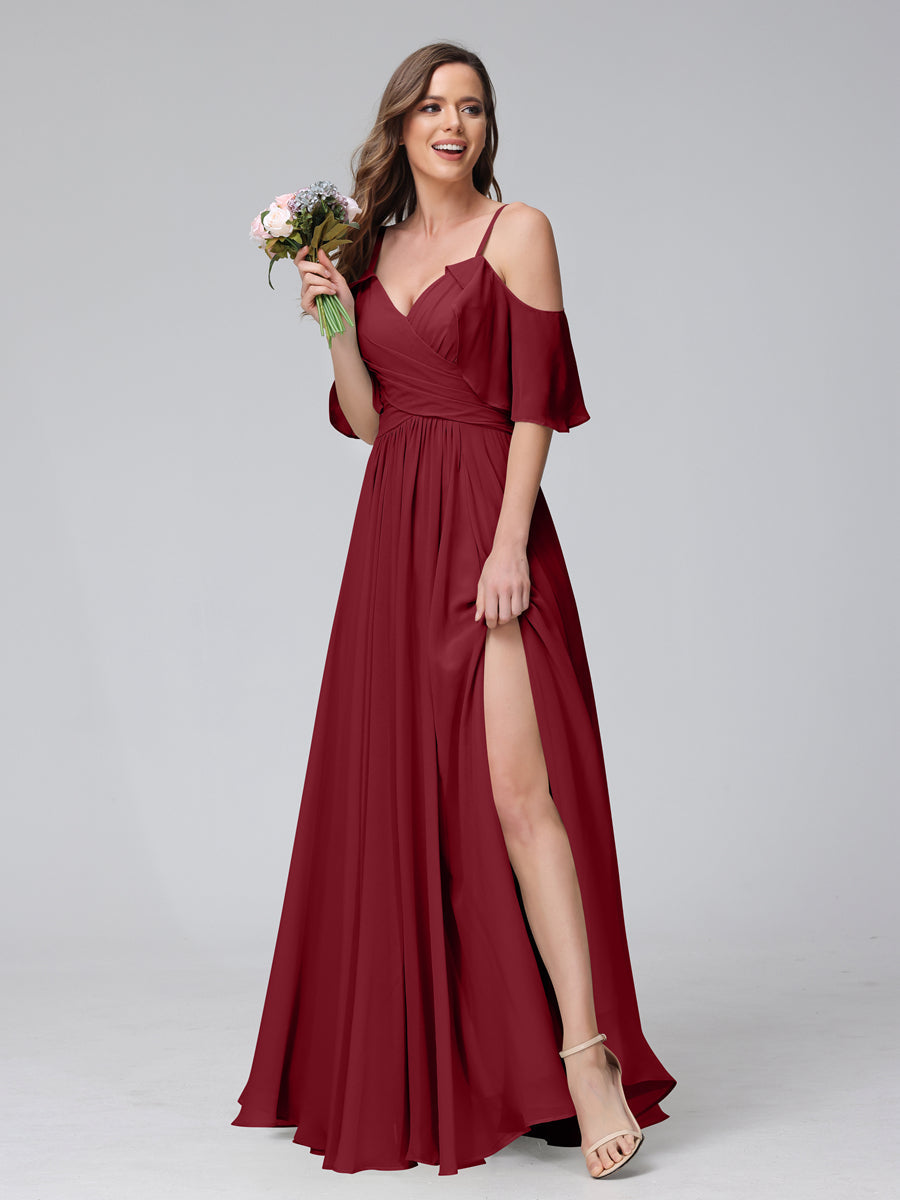 A-Line V-Neck Chiffon Long Bridesmaid Dresses With Split Side & Spaghetti Straps Wine Red
