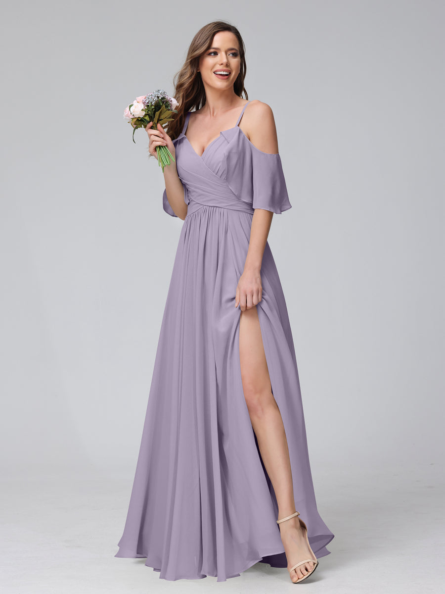 A-Line V-Neck Chiffon Long Bridesmaid Dresses With Split Side & Spaghetti Straps Wisteria
