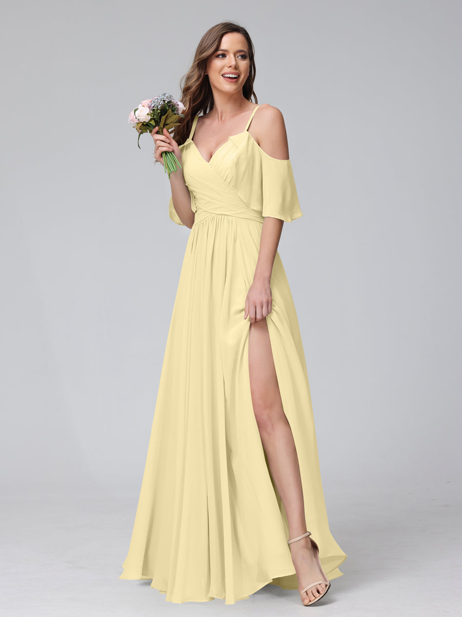 A-Line V-Neck Chiffon Long Bridesmaid Dresses With Split Side & Spaghetti Straps Yellow