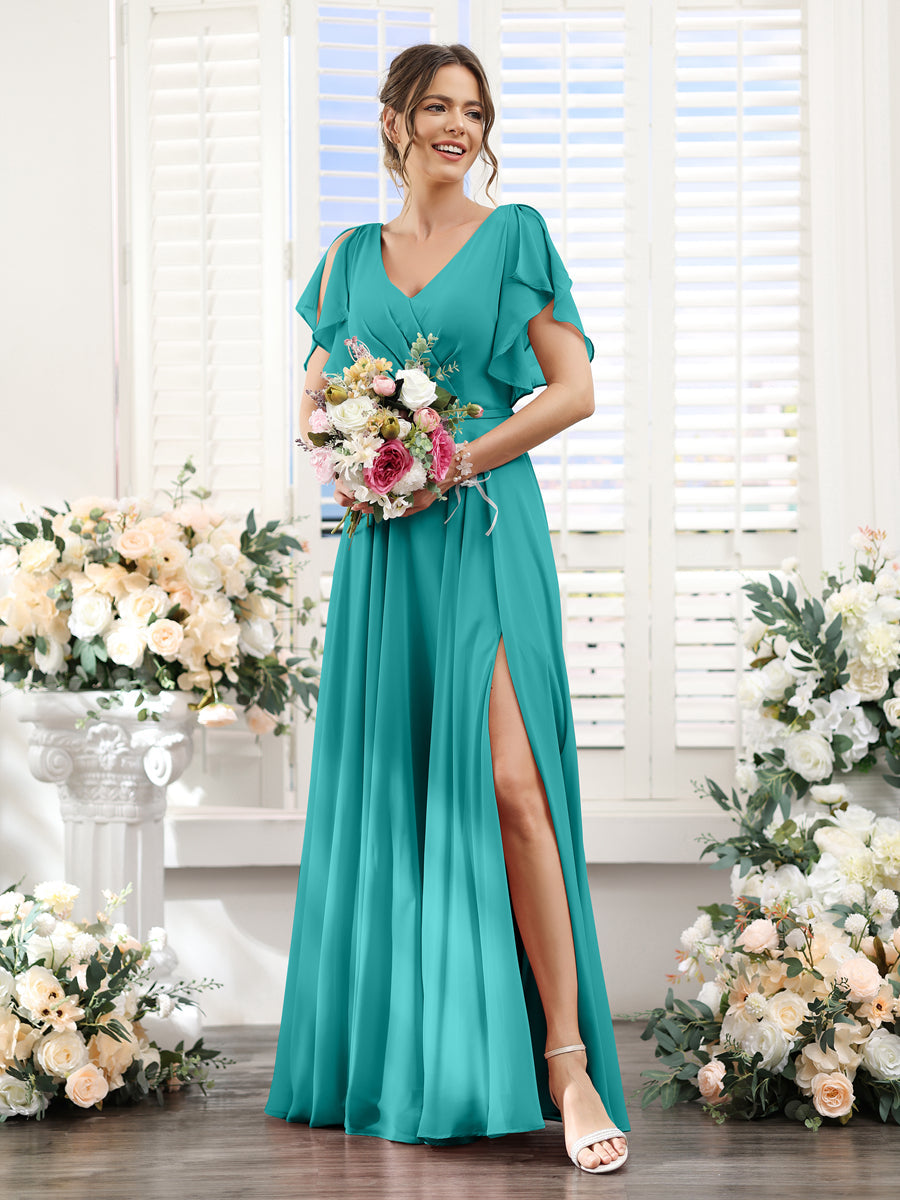 A-Line V-Neck Short Sleeves Split Side Floor-Length Chiffon Bridesmaid Dresses Aqua Blue