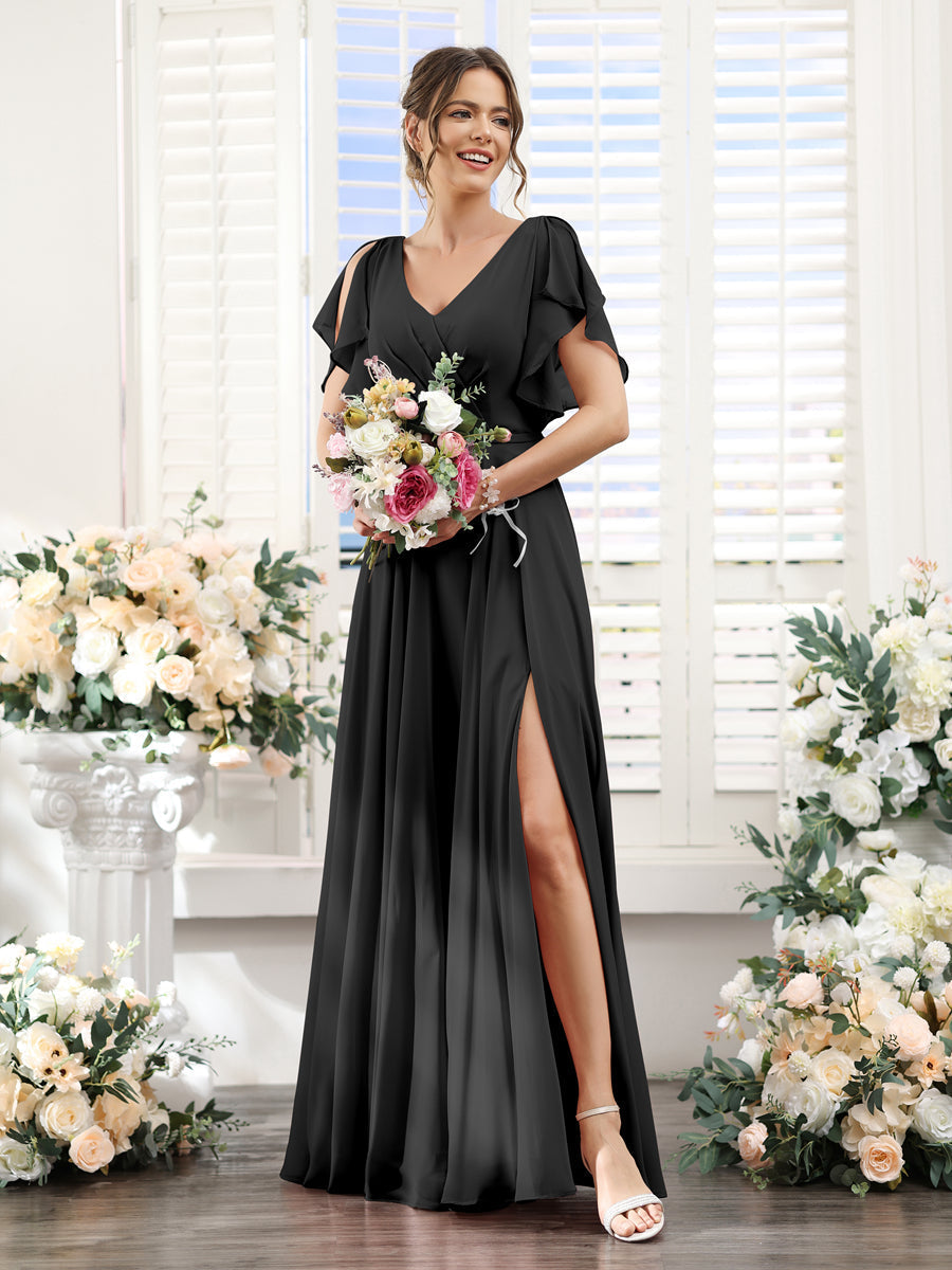 A-Line V-Neck Short Sleeves Split Side Floor-Length Chiffon Bridesmaid Dresses Black
