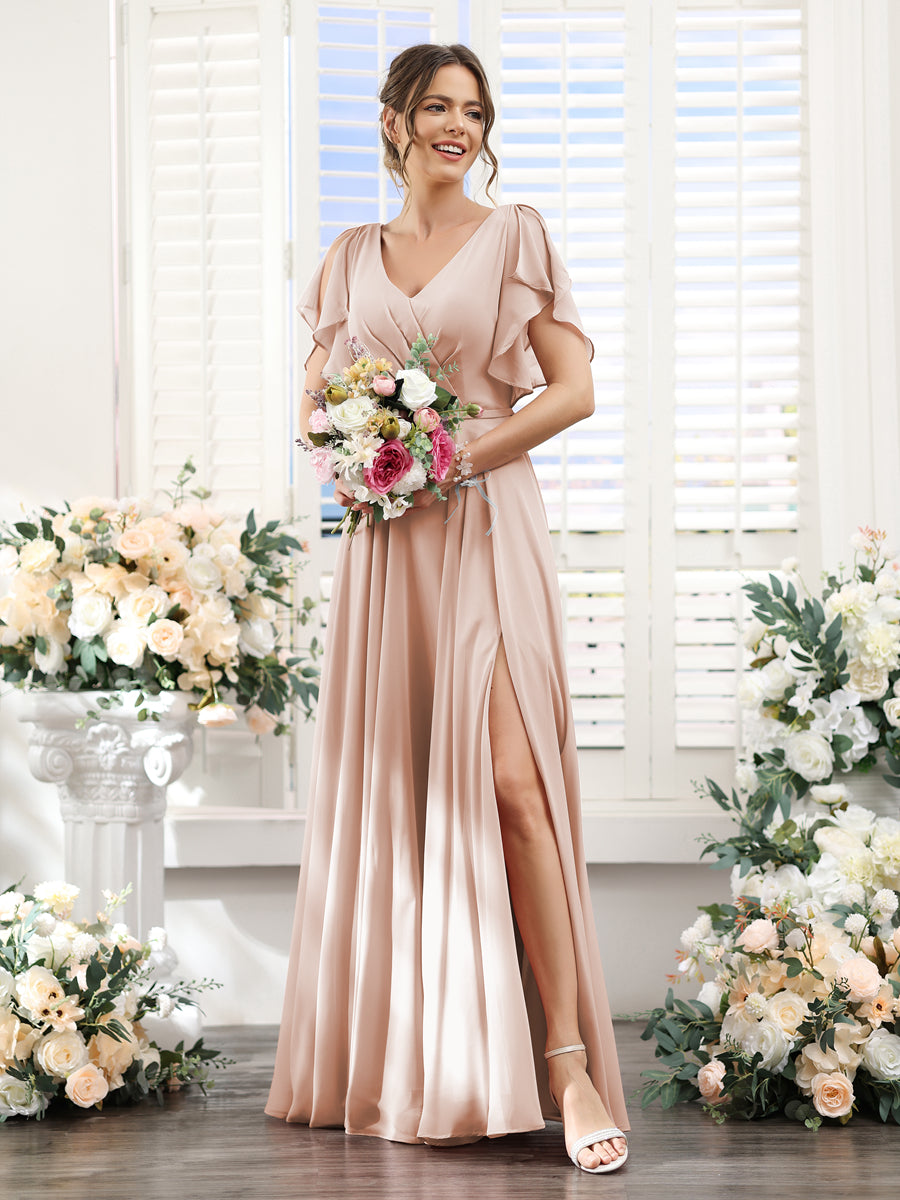 A-Line V-Neck Short Sleeves Split Side Floor-Length Chiffon Bridesmaid Dresses Blush Pink