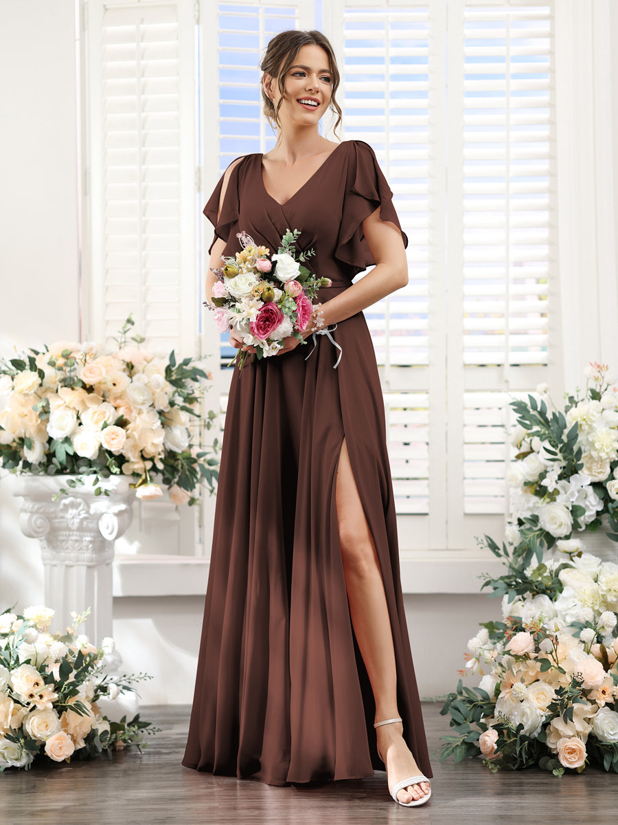 A-Line V-Neck Short Sleeves Split Side Floor-Length Chiffon Bridesmaid Dresses Brown