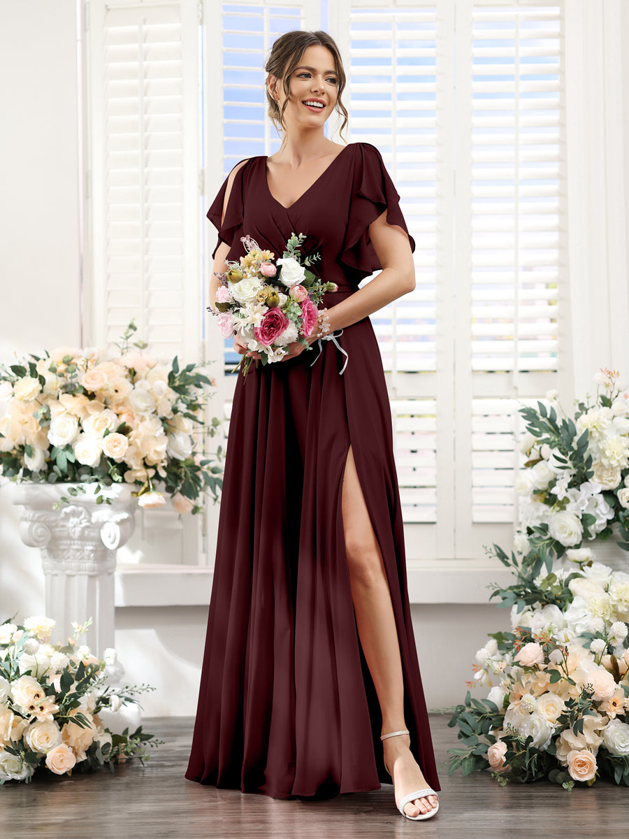 A-Line V-Neck Short Sleeves Split Side Floor-Length Chiffon Bridesmaid Dresses Burgundy