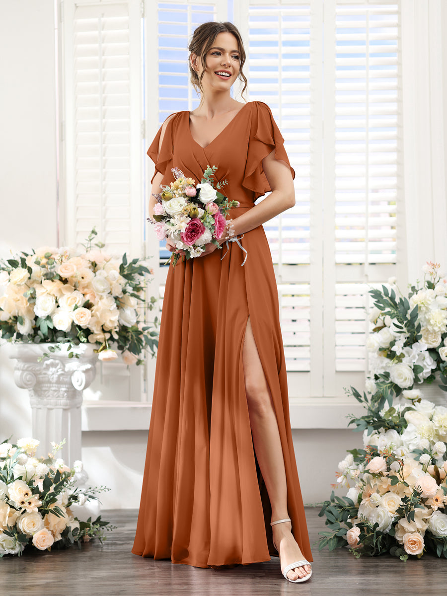 A-Line V-Neck Short Sleeves Split Side Floor-Length Chiffon Bridesmaid Dresses Burnt Orange