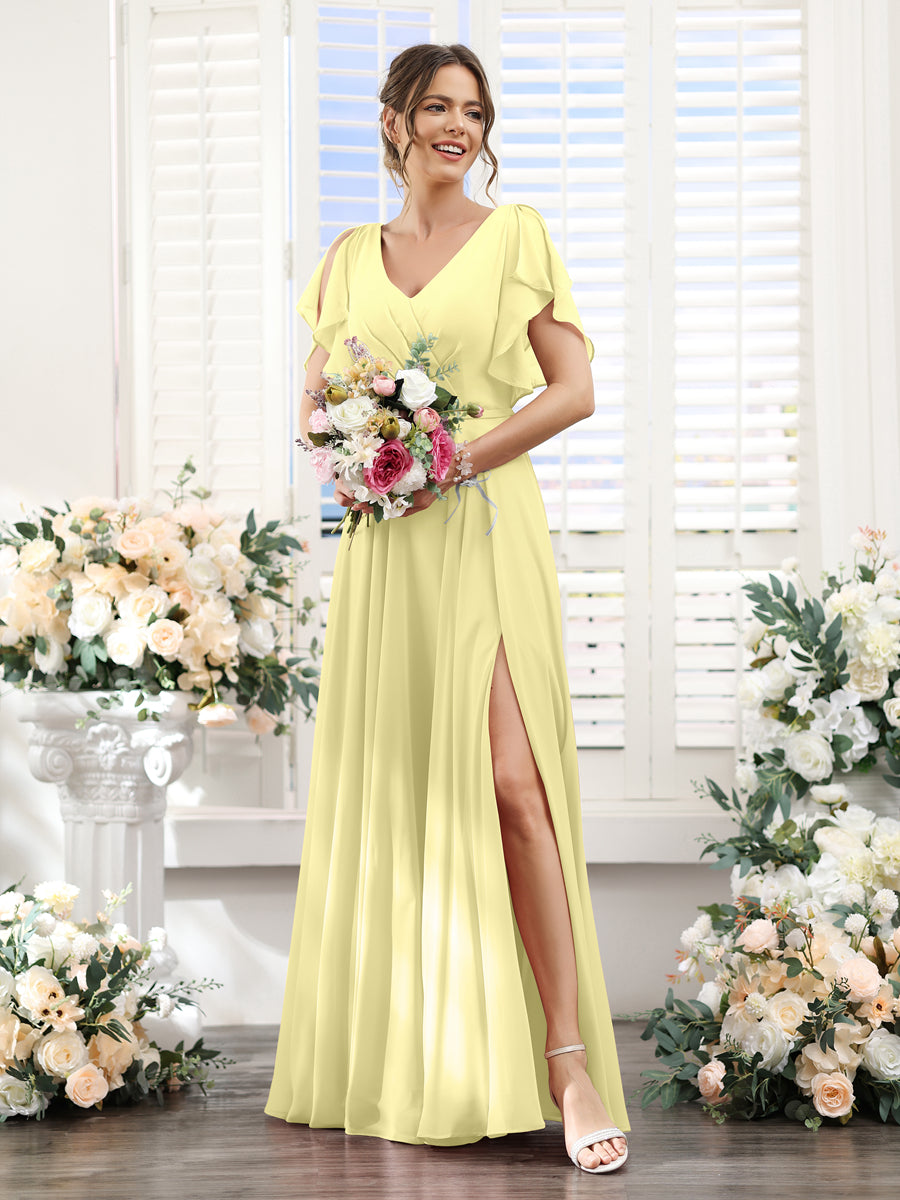 A-Line V-Neck Short Sleeves Split Side Floor-Length Chiffon Bridesmaid Dresses Canary