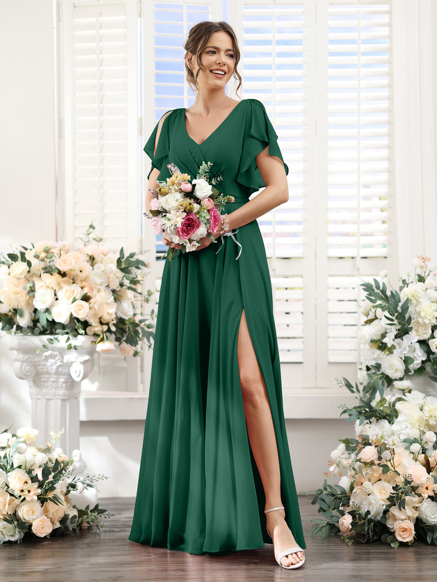 A-Line V-Neck Short Sleeves Split Side Floor-Length Chiffon Bridesmaid Dresses Dark Green