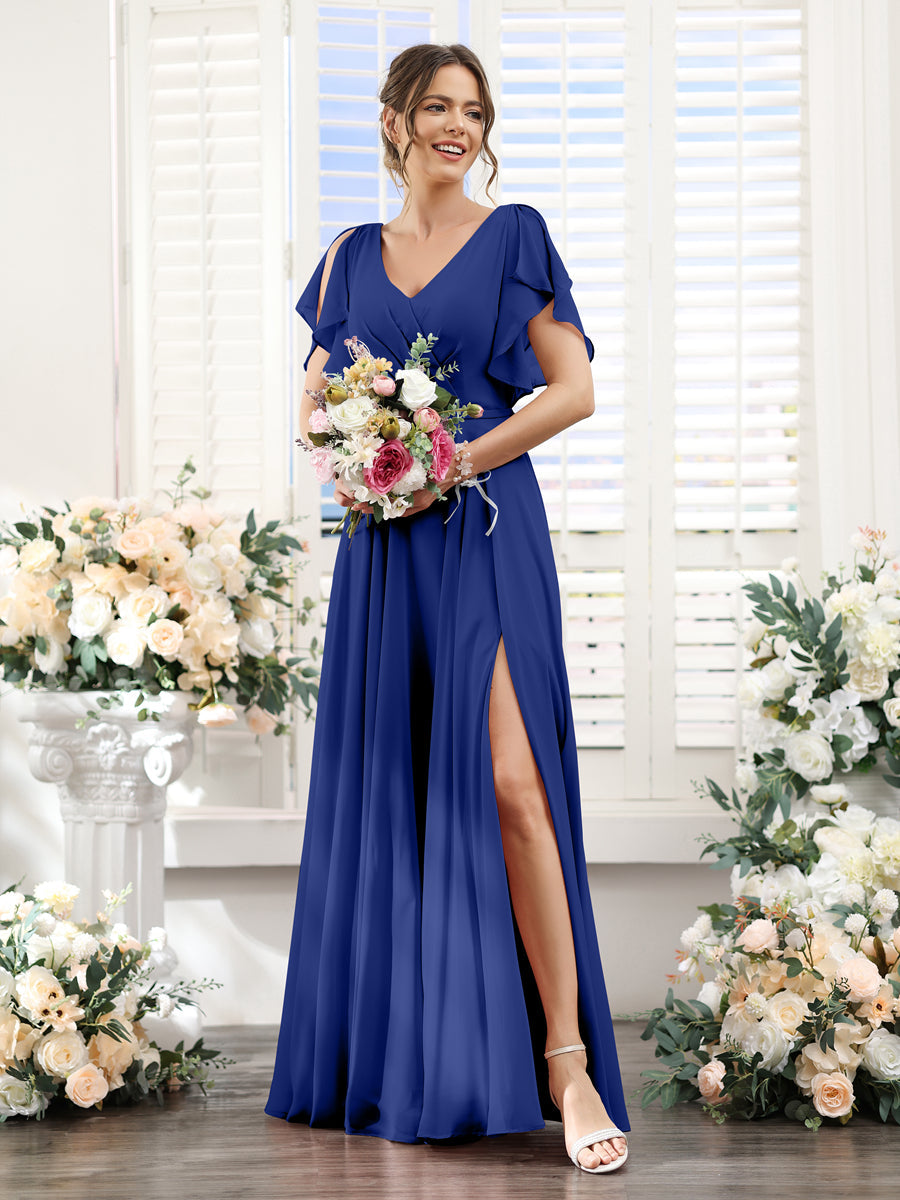 A-Line V-Neck Short Sleeves Split Side Floor-Length Chiffon Bridesmaid Dresses Dark Royal Blue