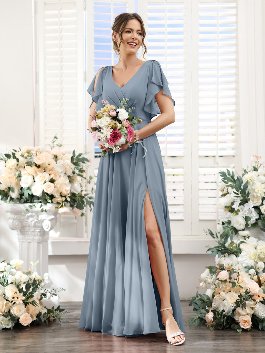 A-Line V-Neck Short Sleeves Split Side Floor-Length Chiffon Bridesmaid Dresses Dusty Blue