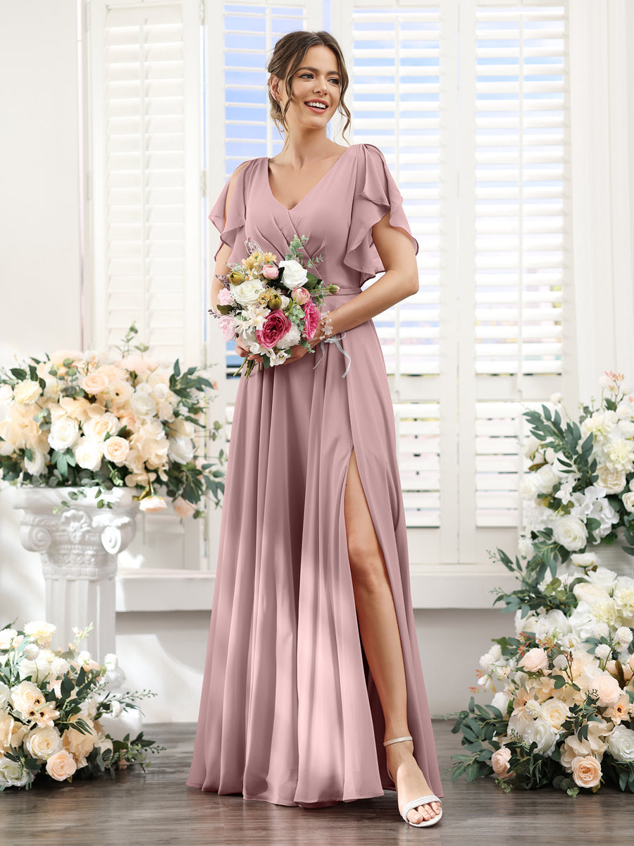 A-Line V-Neck Short Sleeves Split Side Floor-Length Chiffon Bridesmaid Dresses Dusty Pink