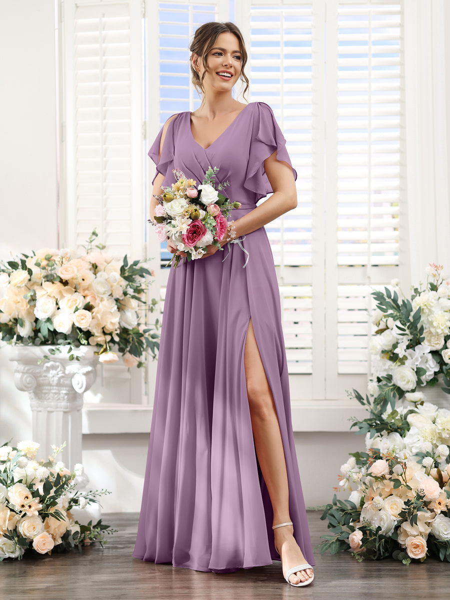 A-Line V-Neck Short Sleeves Split Side Floor-Length Chiffon Bridesmaid Dresses Dusty Purple