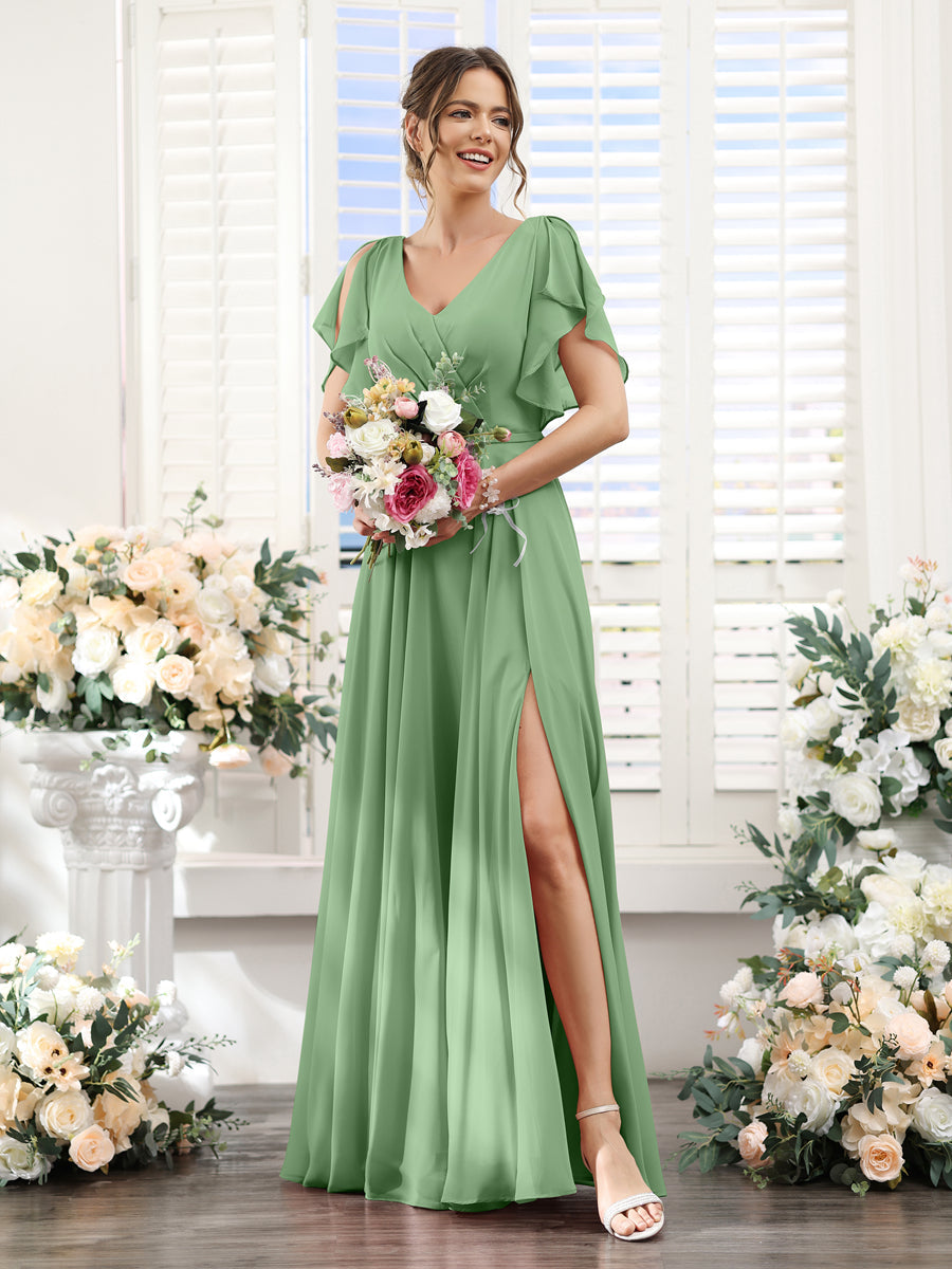 A-Line V-Neck Short Sleeves Split Side Floor-Length Chiffon Bridesmaid Dresses Dusty Sage