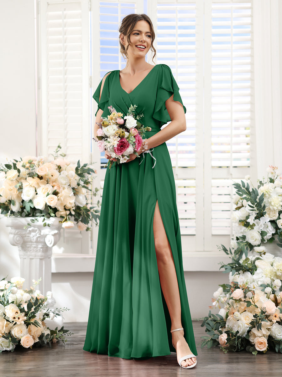 A-Line V-Neck Short Sleeves Split Side Floor-Length Chiffon Bridesmaid Dresses Emerald