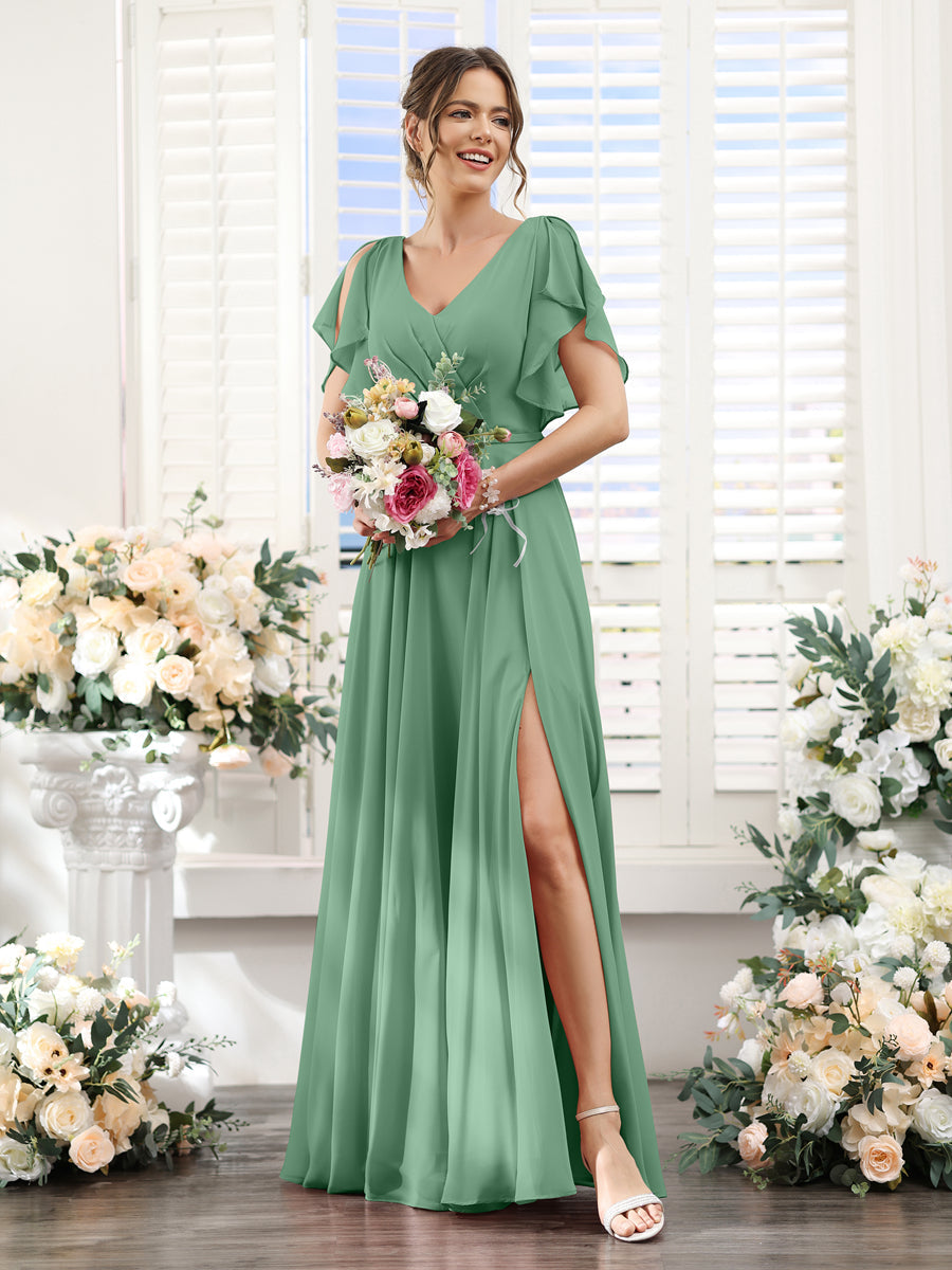 A-Line V-Neck Short Sleeves Split Side Floor-Length Chiffon Bridesmaid Dresses Eucalyptus