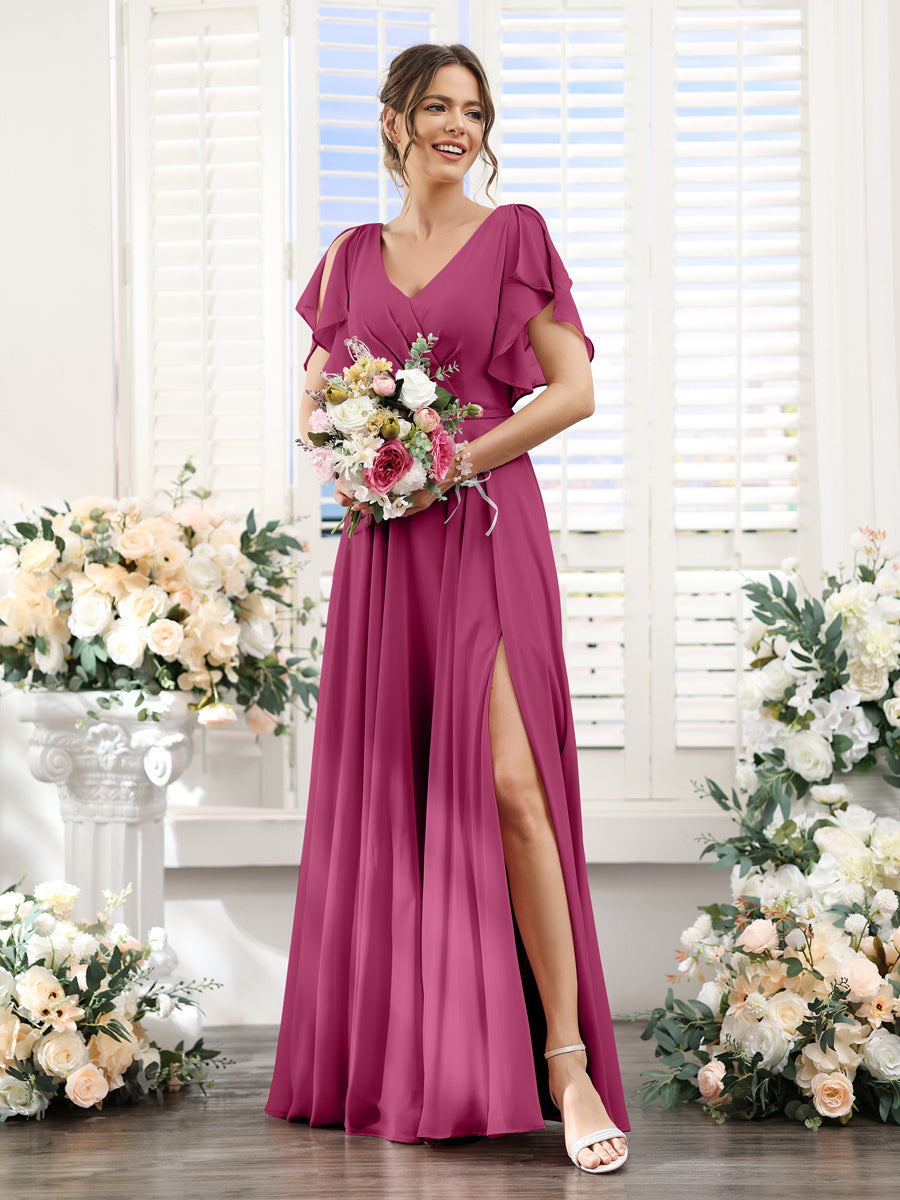 A-Line V-Neck Short Sleeves Split Side Floor-Length Chiffon Bridesmaid Dresses Fuchsia