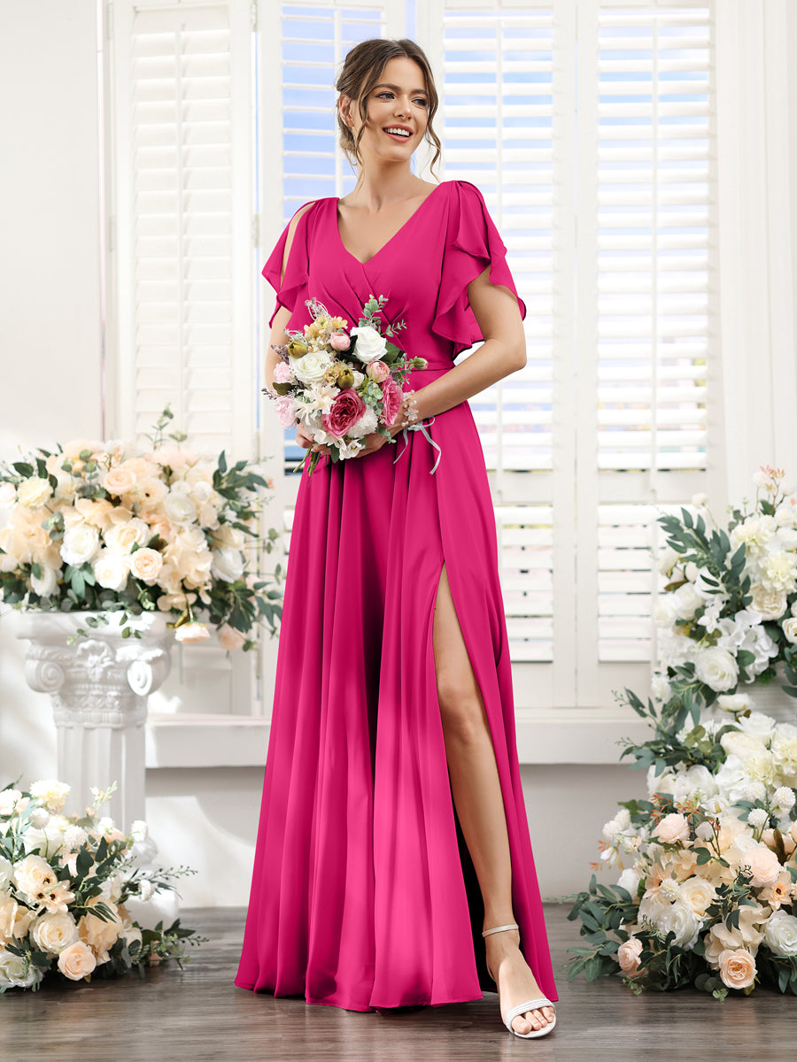 A-Line V-Neck Short Sleeves Split Side Floor-Length Chiffon Bridesmaid Dresses Fuchsia Pink