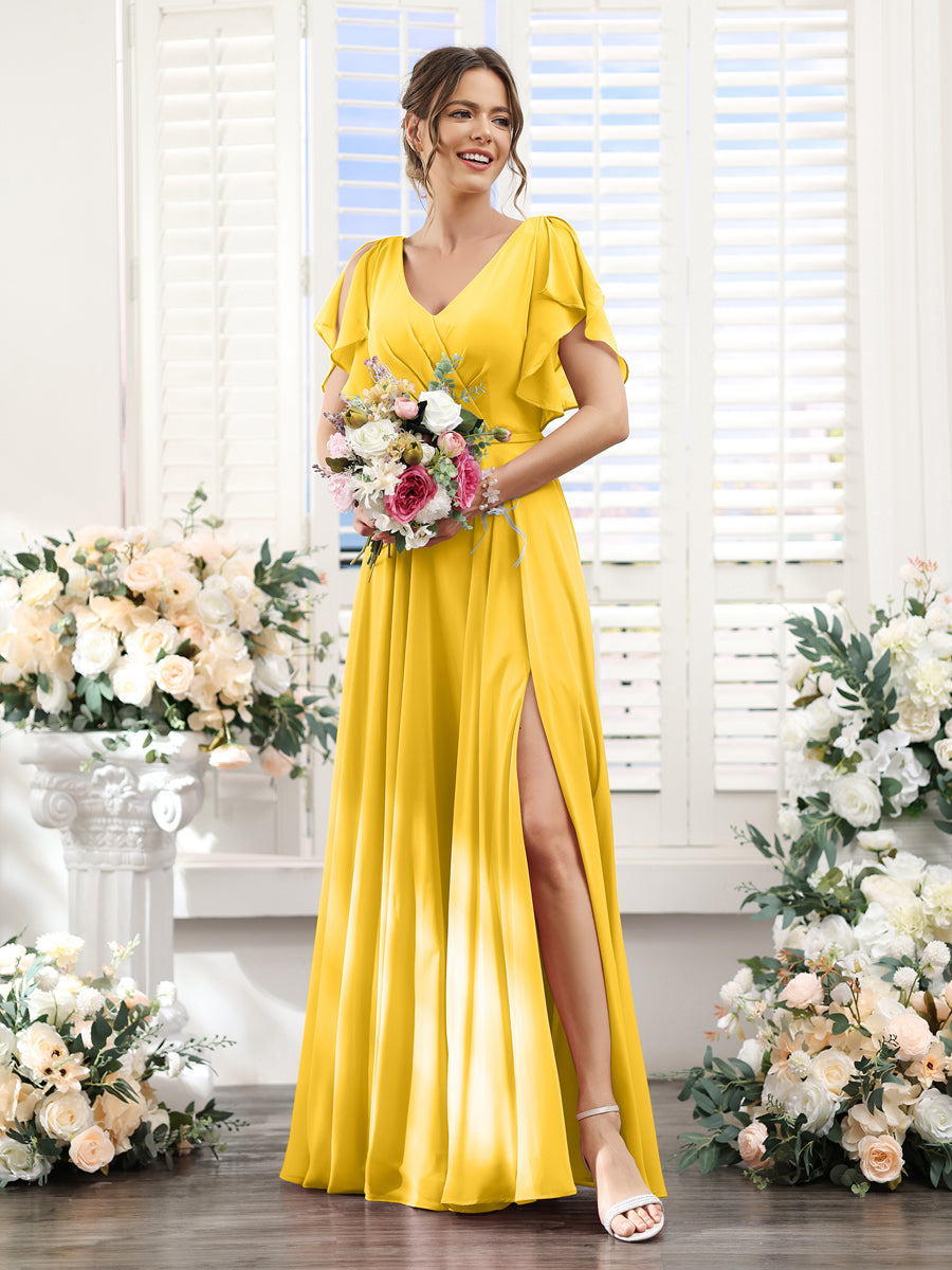 A-Line V-Neck Short Sleeves Split Side Floor-Length Chiffon Bridesmaid Dresses Gold