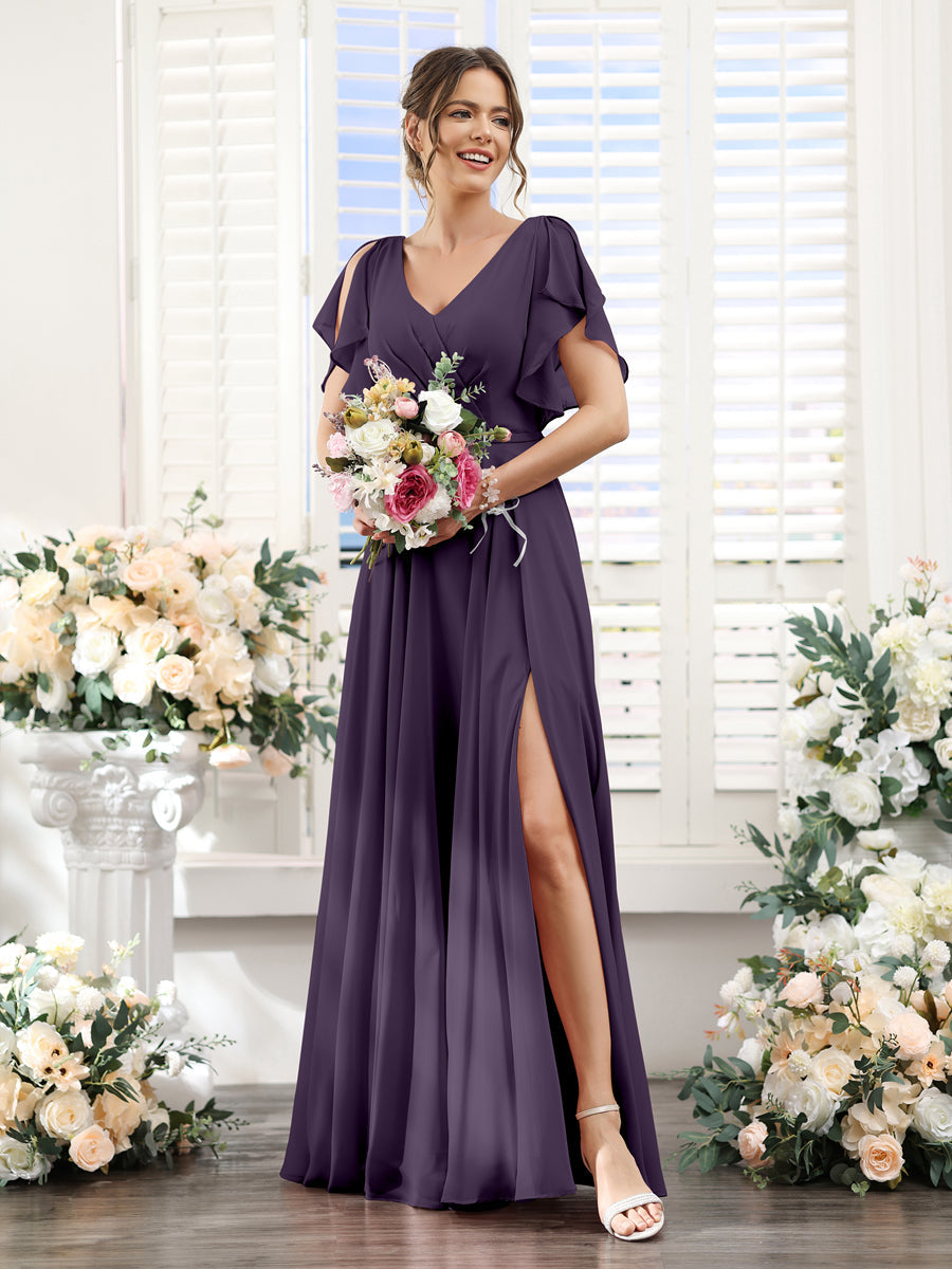 A-Line V-Neck Short Sleeves Split Side Floor-Length Chiffon Bridesmaid Dresses Grape