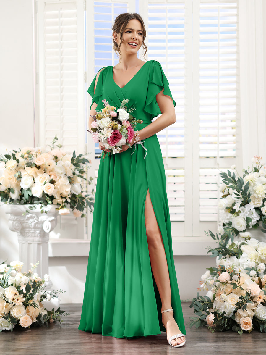 A-Line V-Neck Short Sleeves Split Side Floor-Length Chiffon Bridesmaid Dresses Green