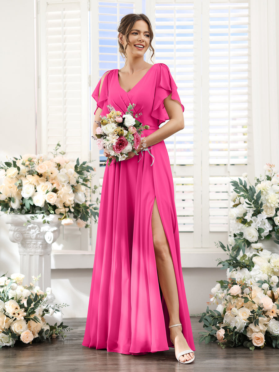 A-Line V-Neck Short Sleeves Split Side Floor-Length Chiffon Bridesmaid Dresses Hot Pink