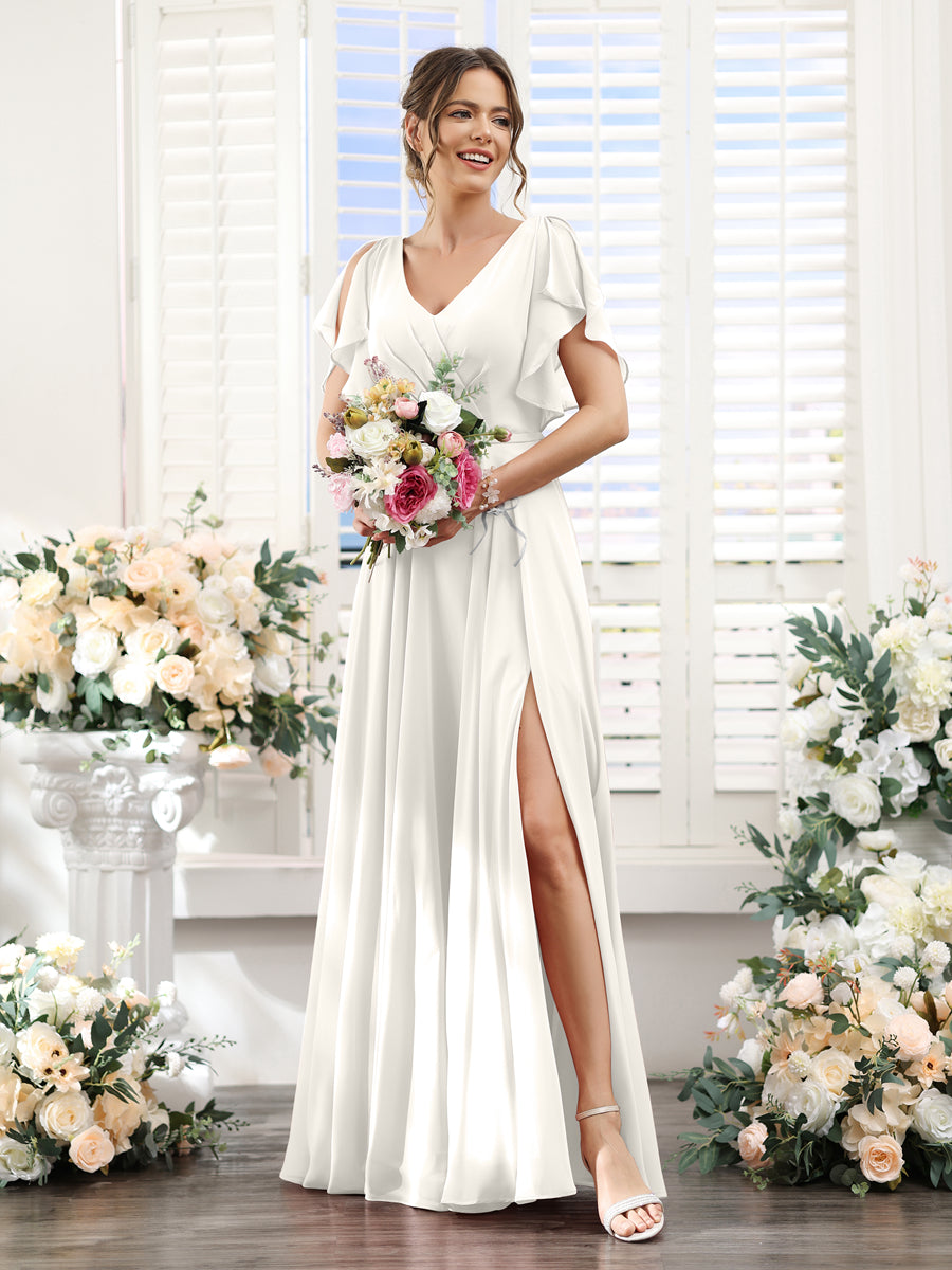 A-Line V-Neck Short Sleeves Split Side Floor-Length Chiffon Bridesmaid Dresses Ivory