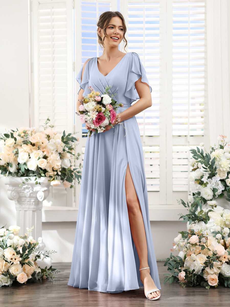 A-Line V-Neck Short Sleeves Split Side Floor-Length Chiffon Bridesmaid Dresses Lavender