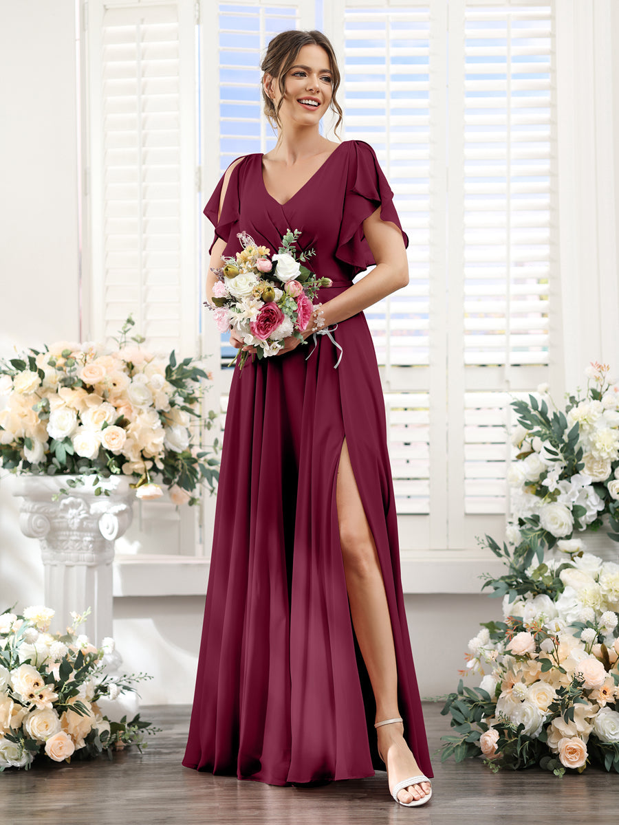 A-Line V-Neck Short Sleeves Split Side Floor-Length Chiffon Bridesmaid Dresses Light Burgundy