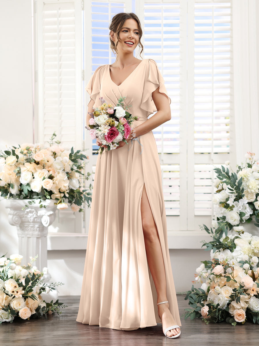 A-Line V-Neck Short Sleeves Split Side Floor-Length Chiffon Bridesmaid Dresses Light Champagne